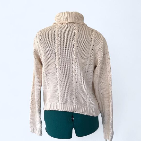 JEANNE PIERRE 100% Cotton Cream Fisherman Turtleneck Long Sleeve Knit Sweater P - Picture 2 of 5